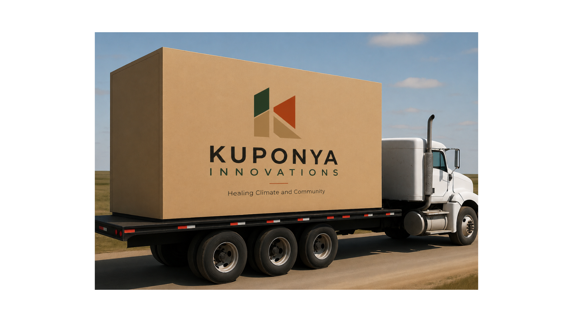 A flatbed truck delivering a Kuponya Innovations materials kit