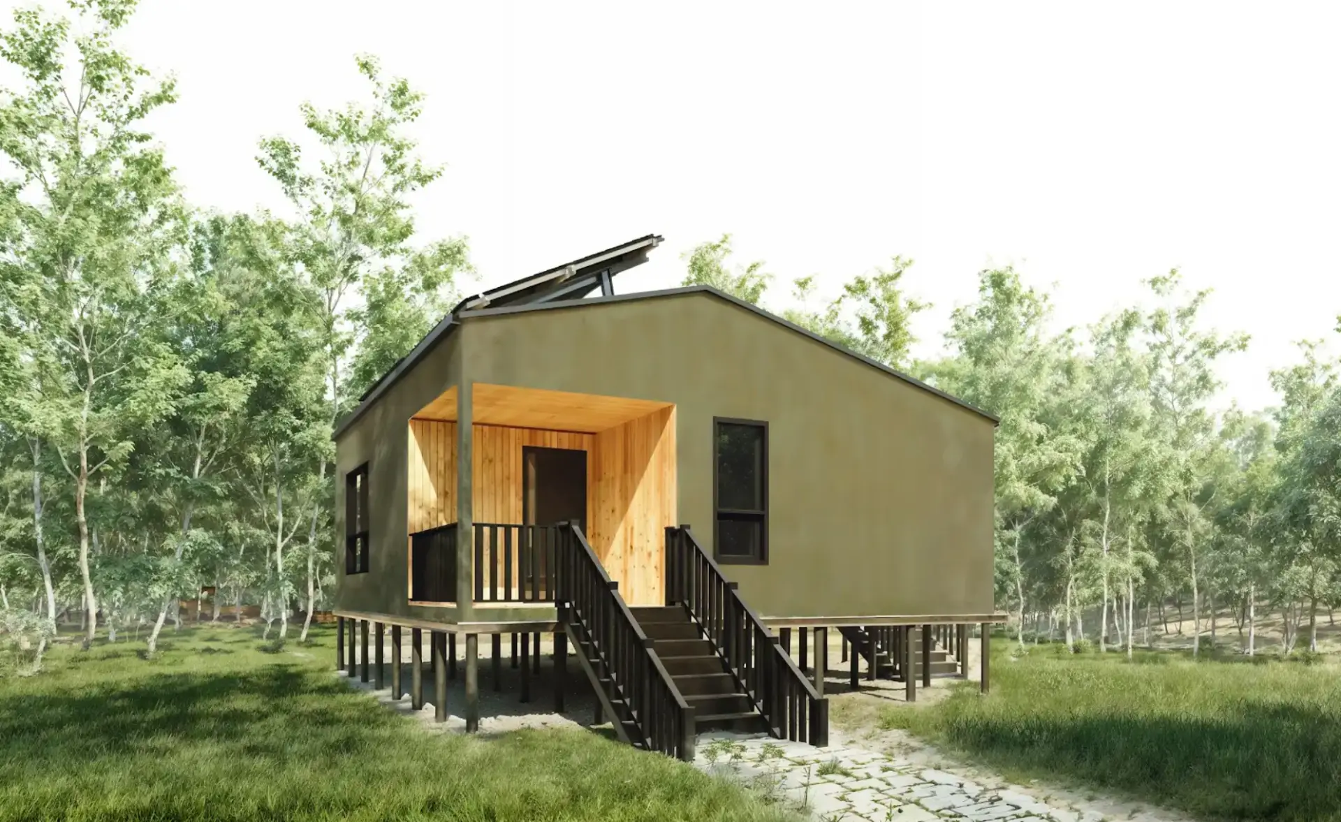 A rendered Kuponya home in a natural setting
